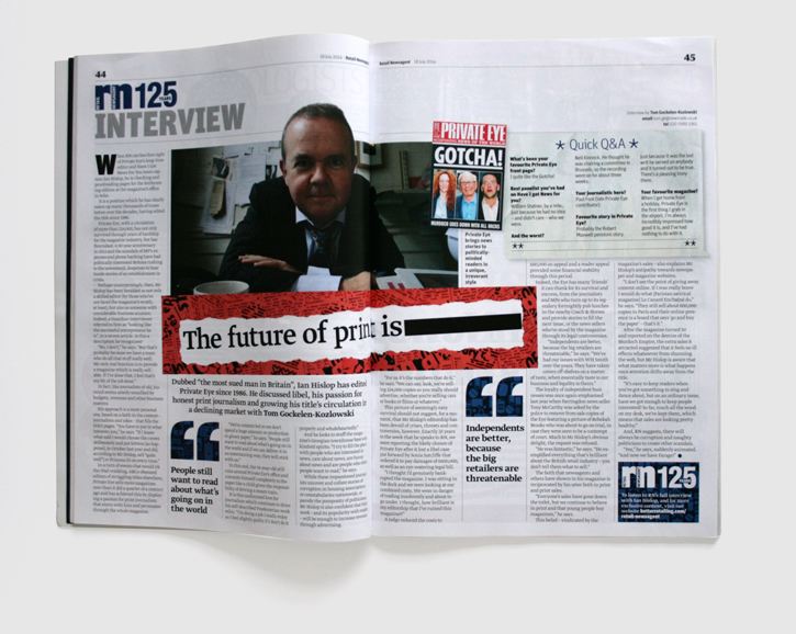Design & art direction of Retail Newsagent's 125th commemorative issue by Nick McKay. Ian Hislop interview spread