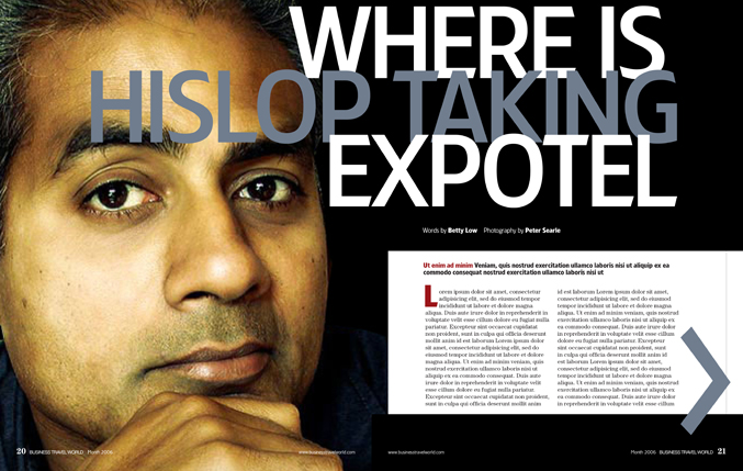 Redesign of Business Travel World magazine for EMAP by Nick McKay. Interview spread