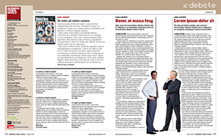 Redesign of Business Travel World magazine for EMAP by Nick McKay. Debate spread