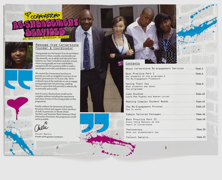 Branding, design & art direction of brochure for Quintin Kynaston School re-engagement programme by Nick McKay. Page 2-3