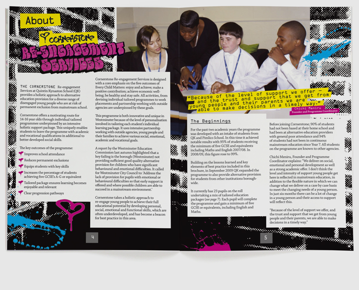 Branding, design & art direction of brochure for Quintin Kynaston School re-engagement programme by Nick McKay. Page 4-5