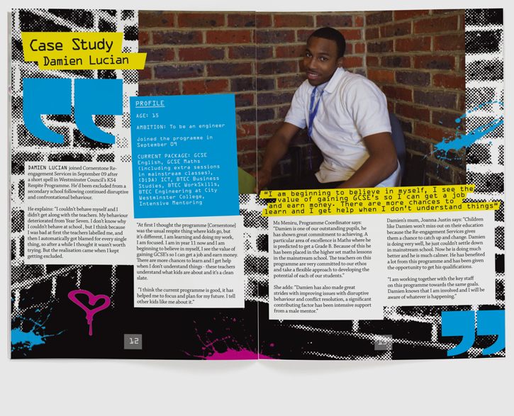 Branding, design & art direction of brochure for Quintin Kynaston School re-engagement programme by Nick McKay. Page 12-13