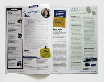 Guild of Machine Knitters newsletter redesign by Nick McKay. Page 4-5
