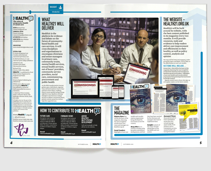 Branding, design & art direction of Health21 new launch health management magazine by Nick McKay for Pixel West Ltd. Insight spread.