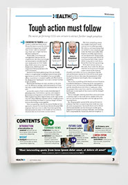 Branding, design & art direction of Health21 new launch health management magazine by Nick McKay for Pixel West Ltd. Introduction page.
