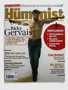 Design & art direction of New Humanist magazine by Nick McKay. Ricky Gervais cover