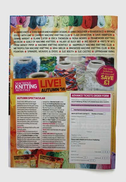 Design & art direction of Machine Knitting Monthly magazine by Nick McKay. MKLive! advertisement