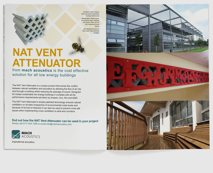 Design & art direction for promotional brochure for Mach Acoustics by Nick McKay. Inside spread