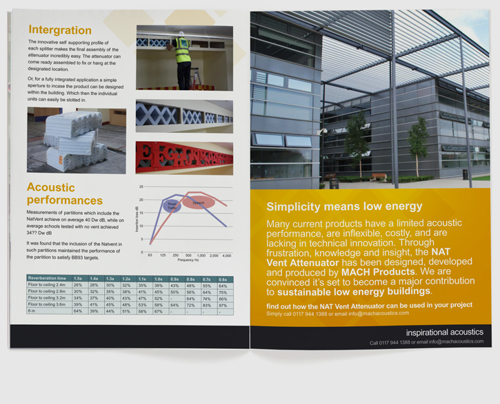 Design & art direction for promotional brochure for Mach Acoustics by Nick McKay. Third inside spread