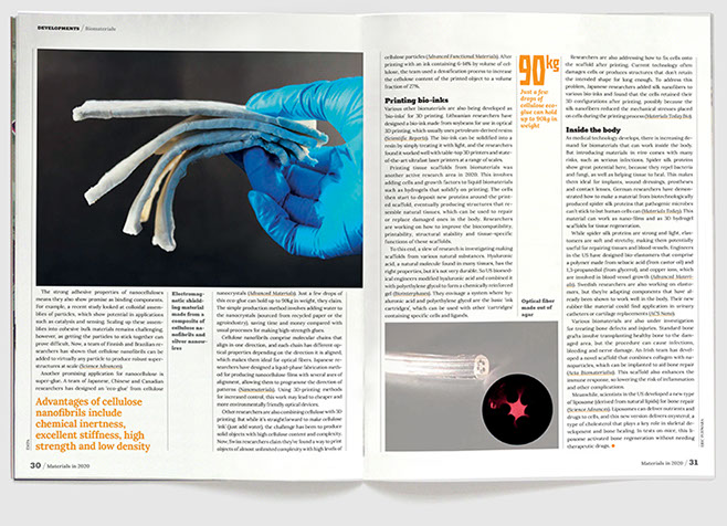 Design & art direction of annual magazine, Materials in 2020 by Nick McKay. Biomaterials 2nd spread