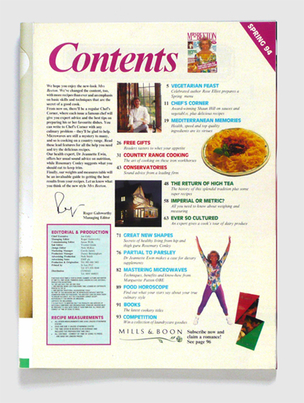 Design & art direction of Mrs Beeton magazine by Nick McKay, contents page