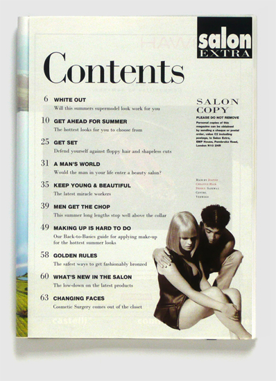 Design & art direction of Salon Extra magazine by Nick McKay, contents