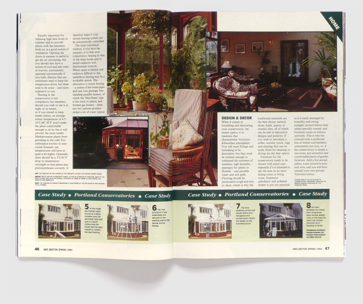 Design & art direction of Mrs Beeton magazine by Nick McKay, conservatories second spread