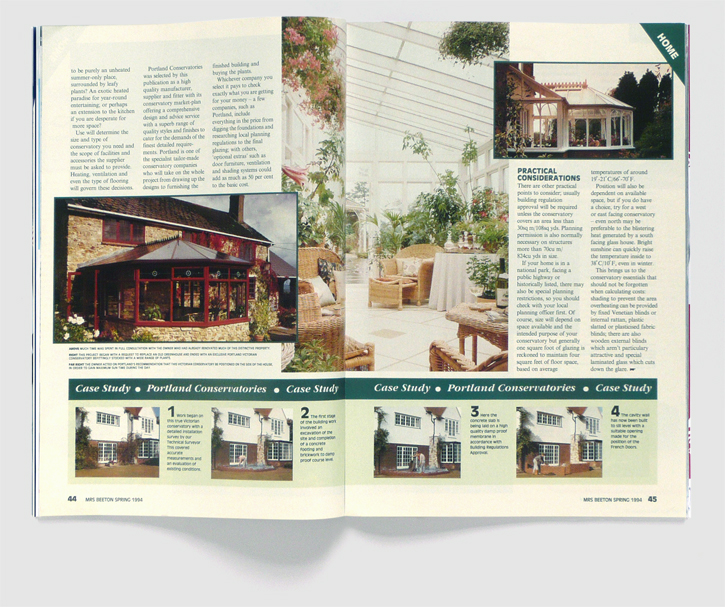 Design & art direction of Mrs Beeton magazine by Nick McKay, conservatories first spread