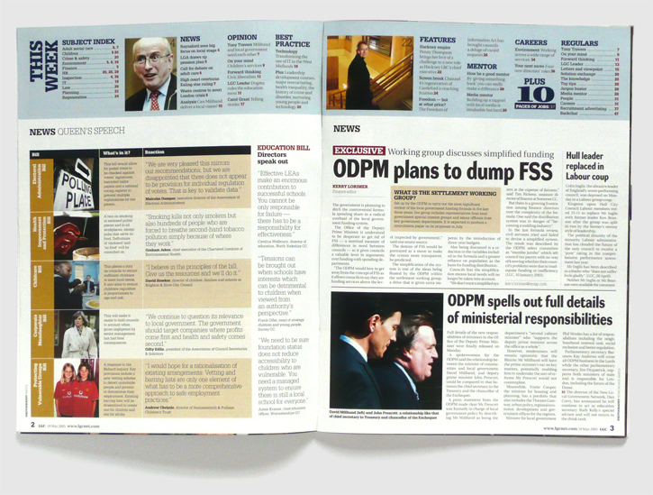 Redesign of Local Government Chronicle magazine by Nick McKay, contents spread