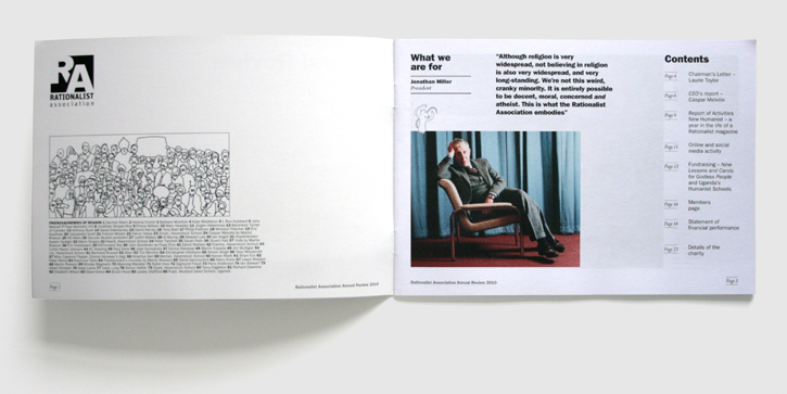 Branding, design & art direction for annual report for the Rationalist Association by Nick McKay, page 2-3