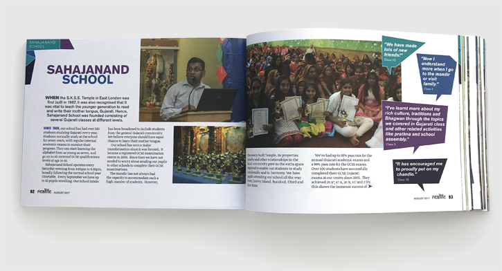 Design & art direction of Reallife magazine by Nick McKay for the SKS Swaminarayan Temple, East London. Sahajanand School feature.