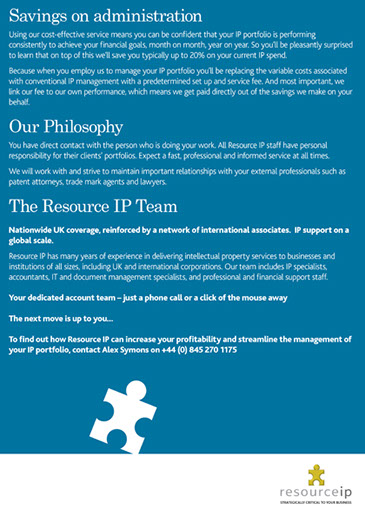 Design & art direction of a promotional brochure for Resource IP by Nick McKay, page 4