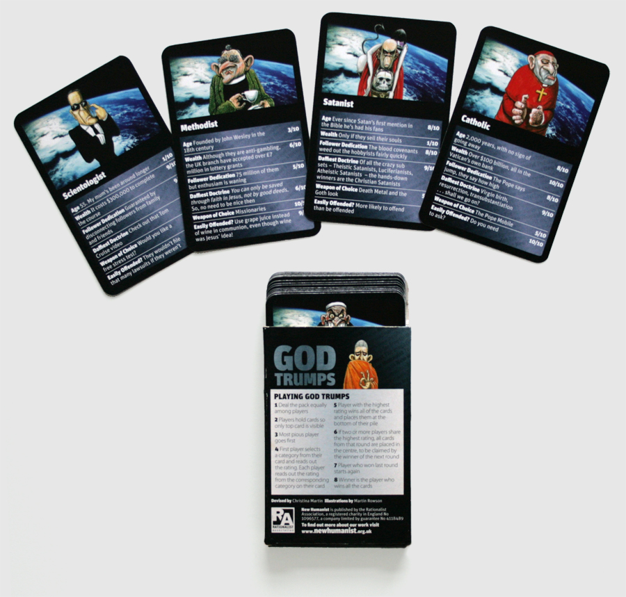 Design & art direction for trumps game for New Humanist by Nick McKay, cards & case
